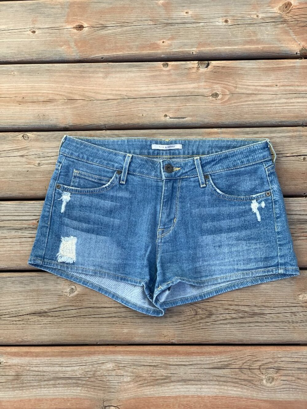 Rich & Skinny Denim Jean Shorts 27 Winter Lake Distressed Stretch Low Mid Rise